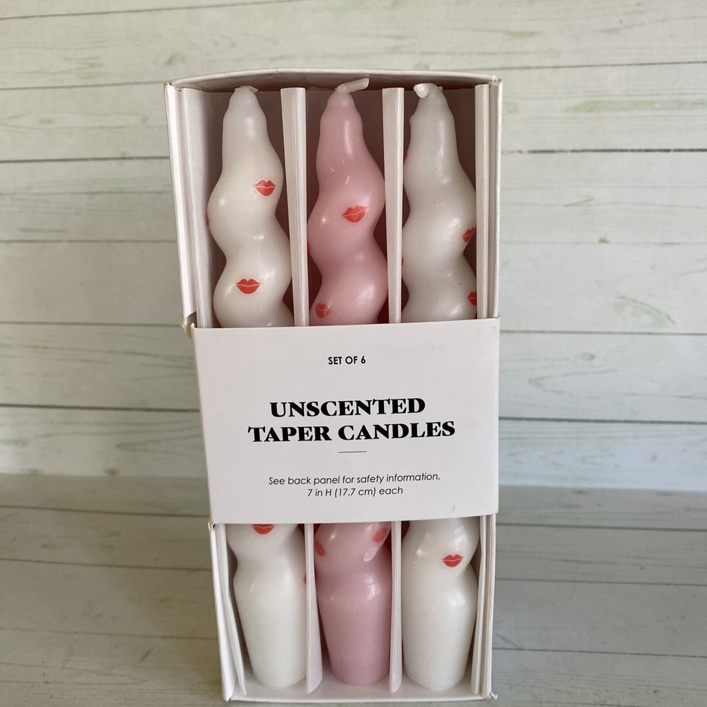 Soft Pink and White Valentine's day 6 Taper Candle Set Unscented New Red Lips